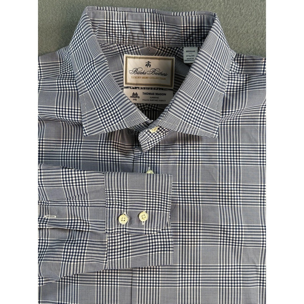 Brooks Brothers Dress Shirt Mens 17.5 34/35 Blue Plaid Thomas Mason Oxford